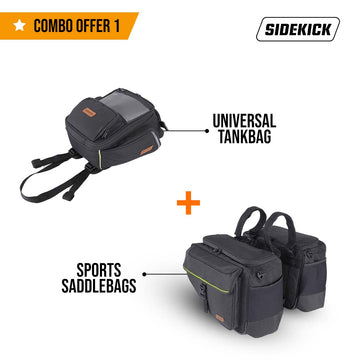 SideKick Combo 1: Universal 15Ltrs Tank bag plus 45Ltrs Sports Saddlebags. Both with Outer Rain Covers Included.